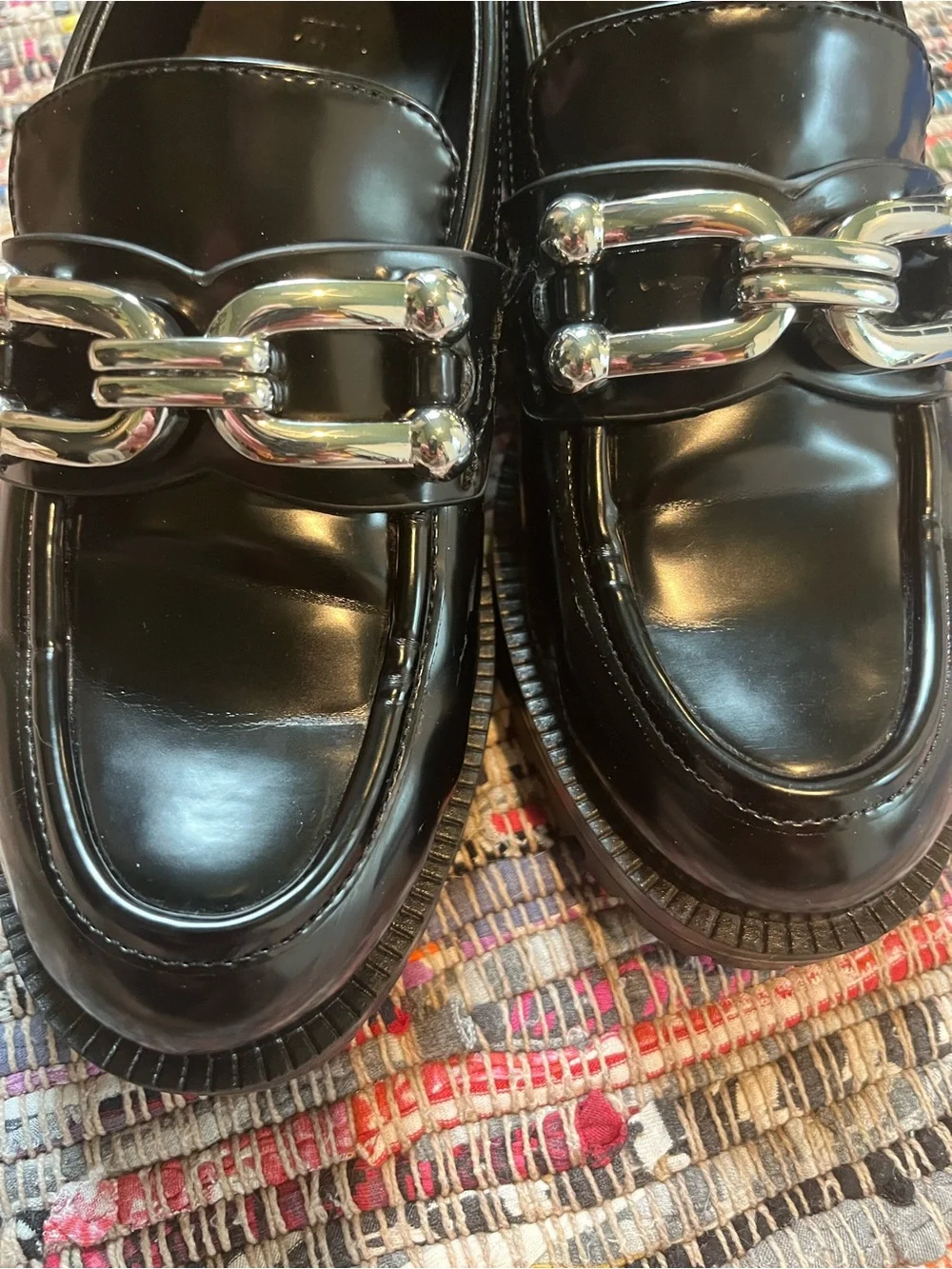 Zara Black Patent Loafers with Silver Chain